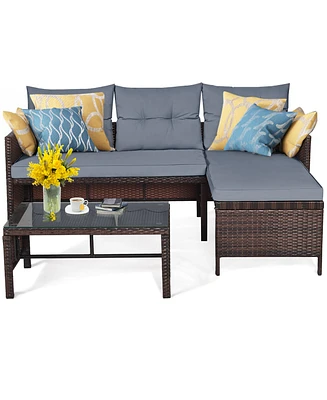 3PCS Patio Wicker Rattan Sofa Set Outdoor Sectional Conversation