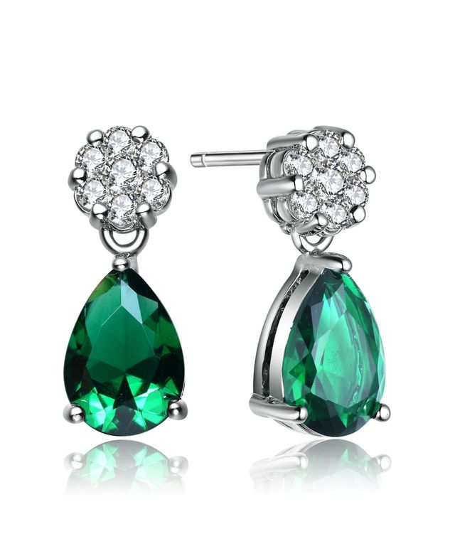 Genevive Sterling Silver Green Cubic Zirconia Pear Teardrop Earrings