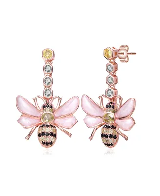 Sterling Silver 18K Rose Gold Plated Clear Cubic Zirconia Floral Drop Butterfly Earrings