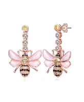 Sterling Silver 18K Rose Gold Plated Clear Cubic Zirconia Floral Drop Butterfly Earrings