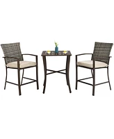 3PCS Patio Rattan Bar Furniture Set Slat Table 2 Cushioned Stools Poolside