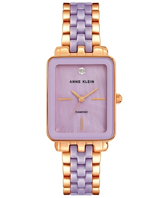 Anne Klein Women's Three Hand Quartz Rose Gold-tone Alloy and Lavender Ceramic Link Bracelet Watch, 32mm