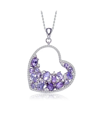 Sterling Silver with White Gold Plating Purple Oval with Clear Round Cubic Zirconia Open Heart Necklace