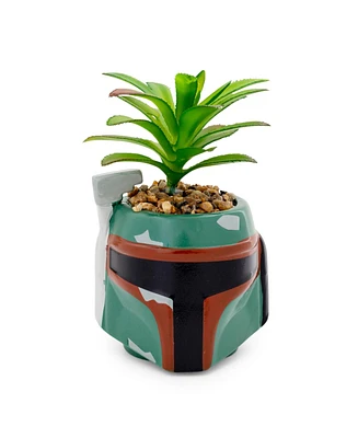 Star Wars Boba Fett Helmet 3-Inch Ceramic Planter With Artificial Succulent | Small Flower Pot, Faux Indoor Plant For Desk Shelf, Trinket Tray | Cute