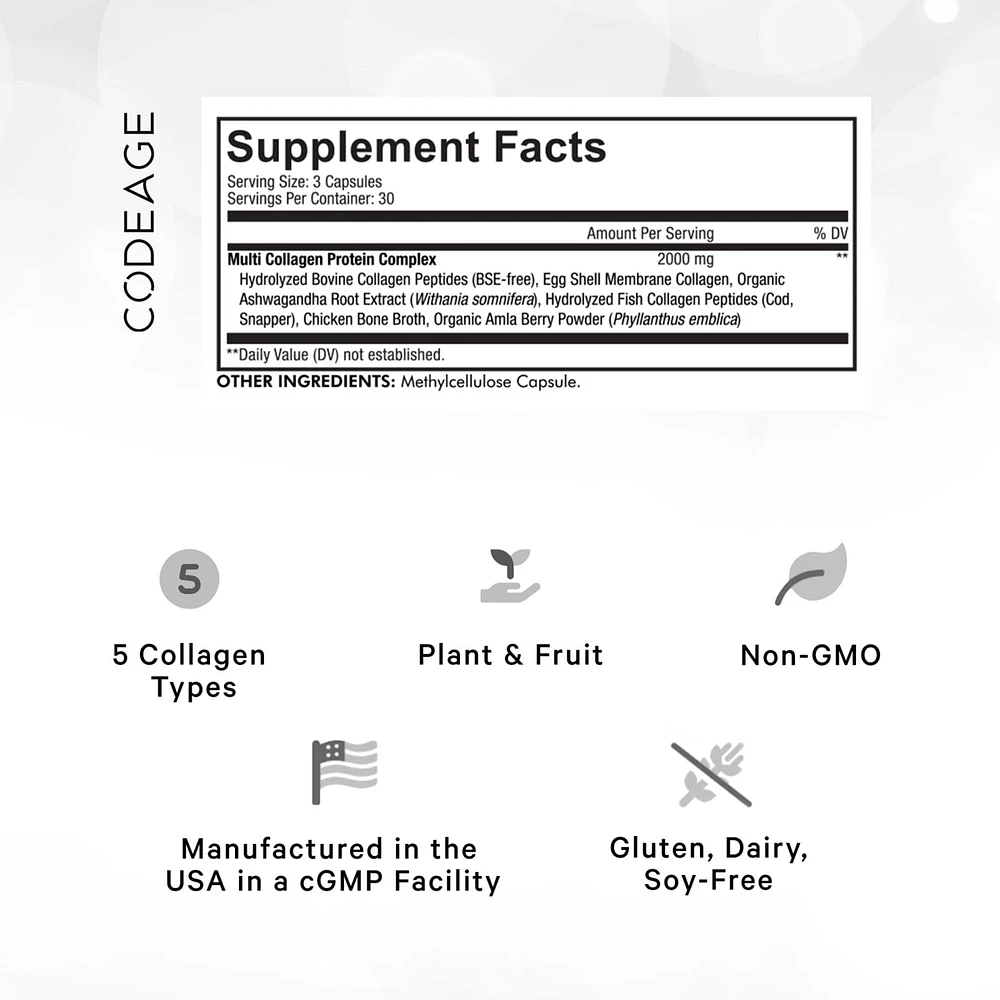 Codeage Multi Collagen Peptides Protein Capsules, 5 Collagen Types, Grass-Fed & Hydrolyzed Bovine Collagen Pills Supplement, Ashwagandha, Amla Berry V
