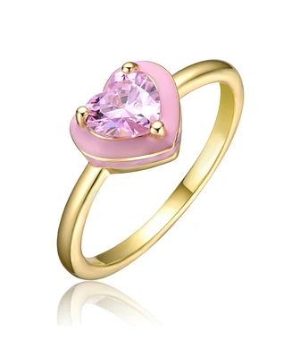 GiGiGirl Teens 14k Gold Plated with Pink Cubic Zirconia & Enamel Halo Heart Stacking Ring