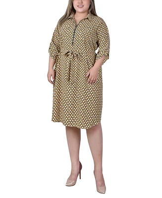 Ny Collection Plus Size 3/4 Roll Tab Sleeve Zippered Shirt Dress