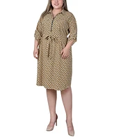 Ny Collection Plus Size 3/4 Roll Tab Sleeve Zippered Shirt Dress