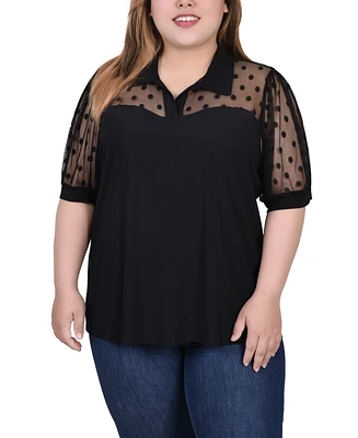 Ny Collection Plus Size Short Sleeve Top with Dotted Mesh