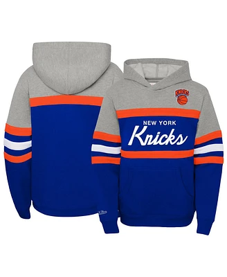 Big Boys and Girls Mitchell & Ness Heather Gray, Blue New York Knicks Hardwood Classics Head Coach Pullover Hoodie