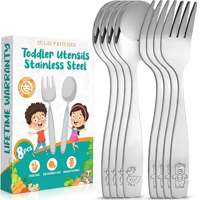 Zulay Kitchen Kids and Toddler Cutlery Set Designed For Self Feeding -Spoon and Fork