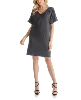 24seven Comfort Apparel Solid Color Loose Fit V Neck T Shirt Style Women's Knee Length Dress