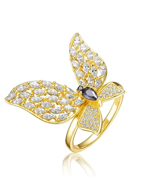 Ra 14K Gold Plated Black Cubic Zirconia Butterfly Ring