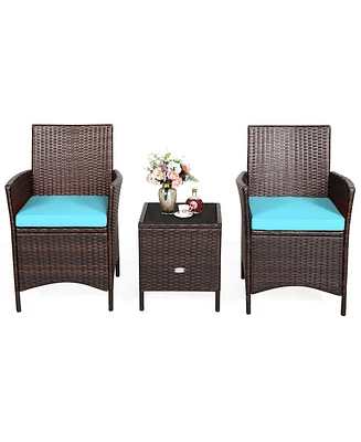 3PCS Patio Rattan Furniture Set Cushioned Sofa Glass Tabletop Deck