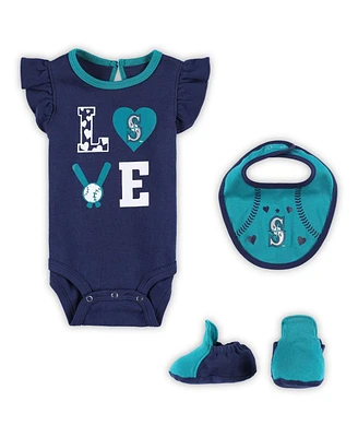Newborn and Infant Boys Girls Navy, Aqua Seattle Mariners Three-Piece Love of Baseball Bib Bodysuit Booties Set