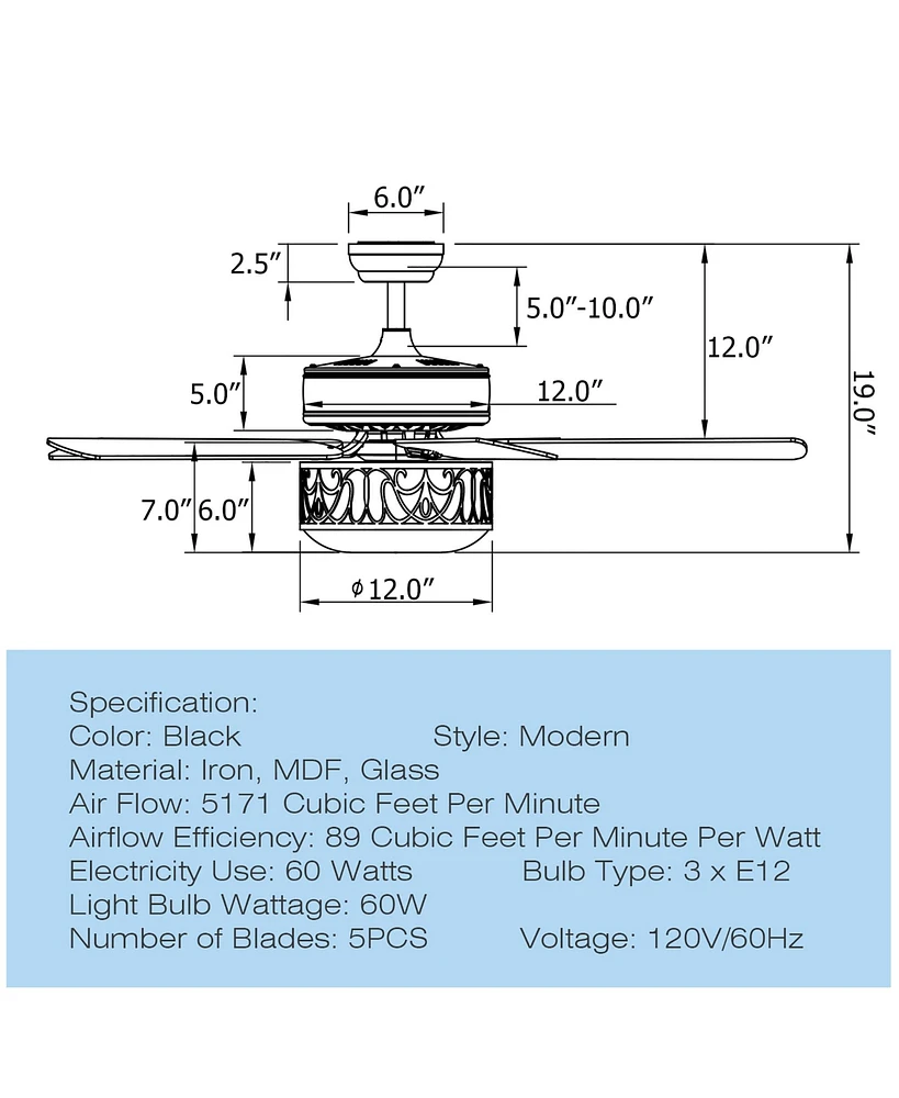 52'' Ceiling Fan W/Light Reversible Blade Adjustable Speed Remote Control