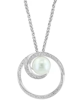 Effy Freshwater Pearl (8-1/2mm) & Diamond (1/3 ct. t.w.) Swirling Circle 18" Pendant Necklace in Sterling Silver