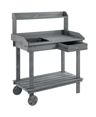 Outsunny 36" x 18" x 47'' Wood Potting Bench Work Table w/ 2 Wheels,