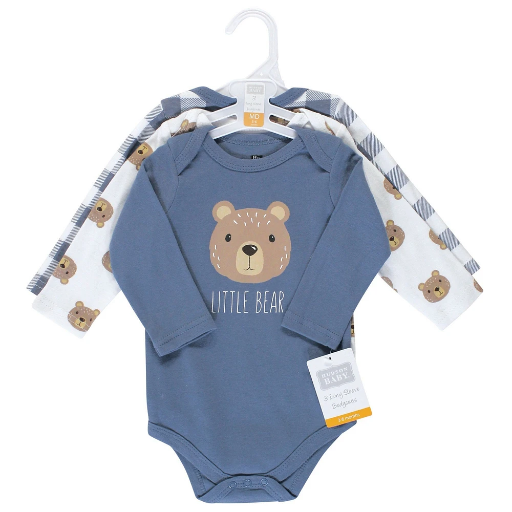 Hudson Baby Baby Boys Hudson Cotton Long-Sleeve Bodysuits 3pk Bear, 0-3 Months