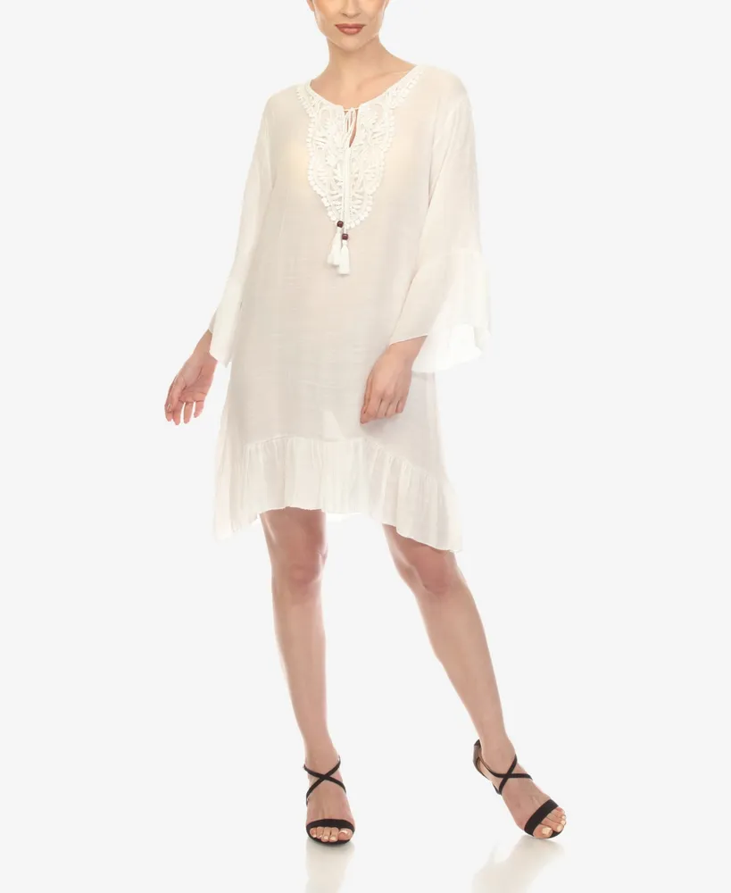 White Mark Women's Sheer Crochet Knee Length Cover Up Dress