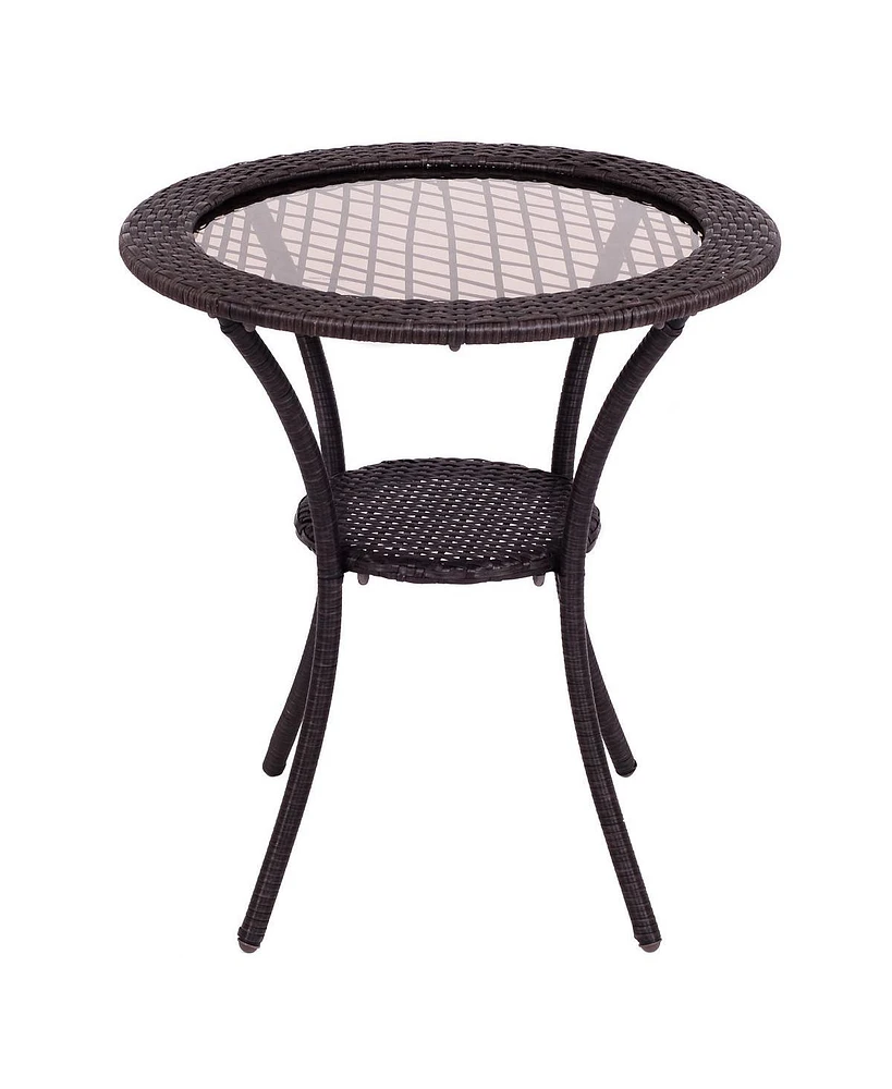 Round Rattan Wicker Coffee Table Glass Top Steel Frame Patio Furni W/Lower Shelf