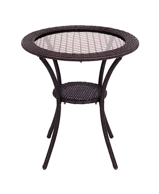 Round Rattan Wicker Coffee Table Glass Top Steel Frame Patio Furni W/Lower Shelf
