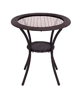 Round Rattan Wicker Coffee Table Glass Top Steel Frame Patio Furni W/Lower Shelf