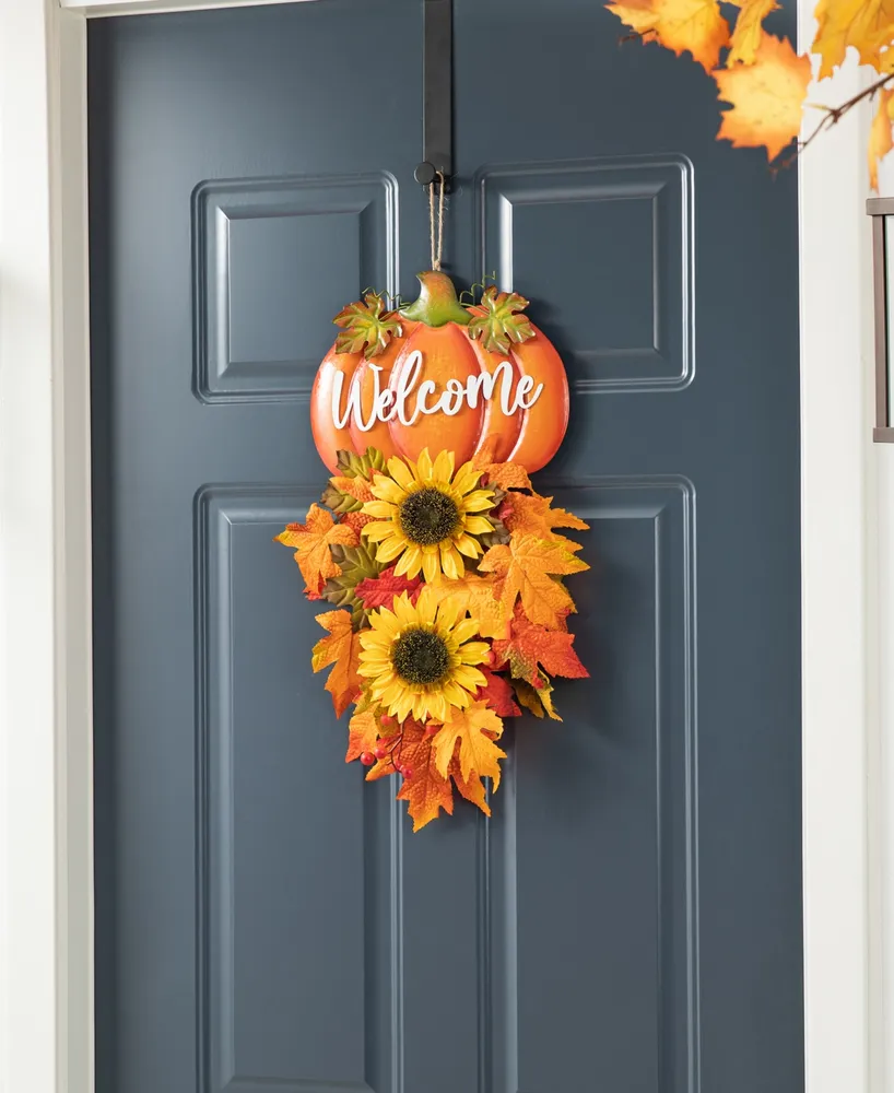 Glitzhome 22.5" H Fall Metal Pumpkin Sunflower Swag Wall Decor