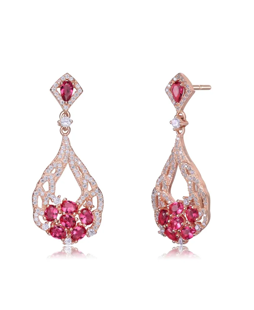 Genevive 18K Rose Gold Plated Clear and Red Cubic Zirconia Open Teardrop Dangle Earrings
