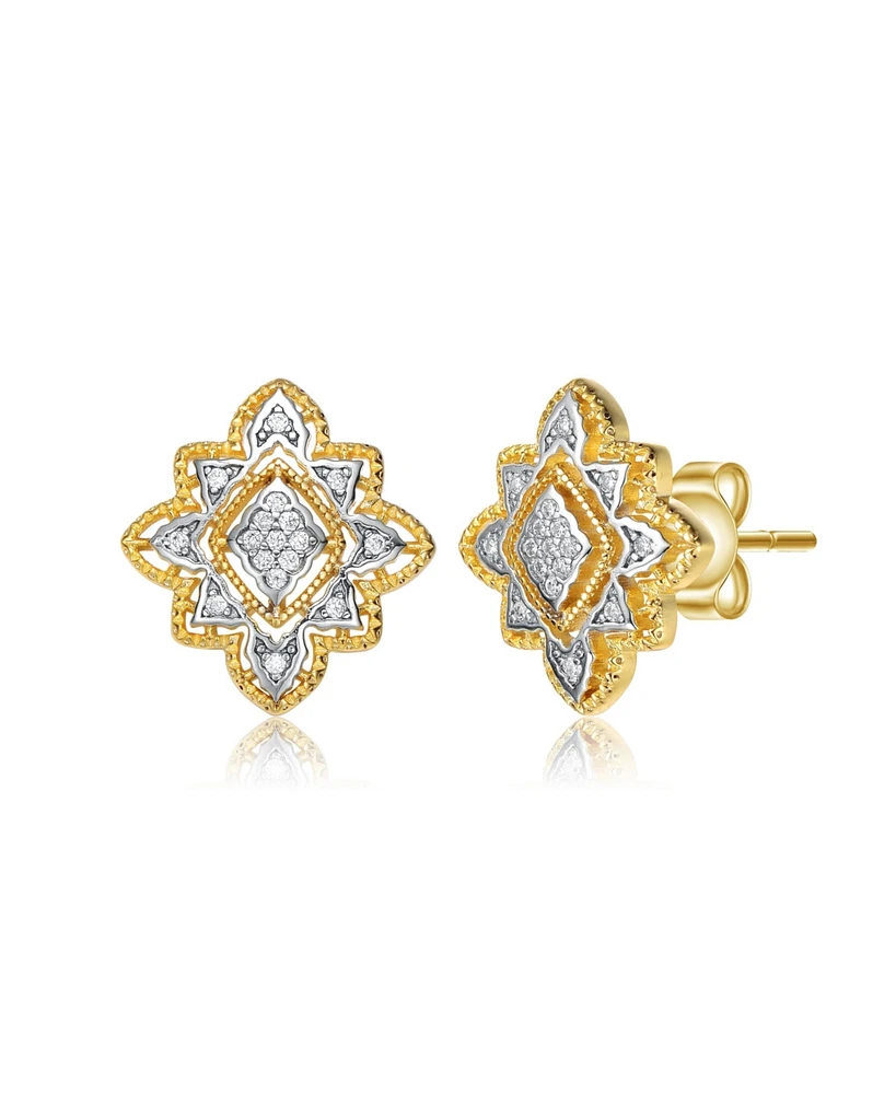4 Prong 14K Gold Plated and Cubic Zirconia Floral Stud Earrings