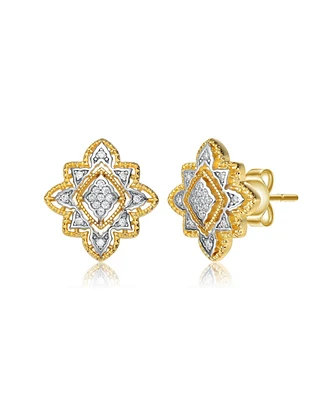 4 Prong 14K Gold Plated and Cubic Zirconia Floral Stud Earrings