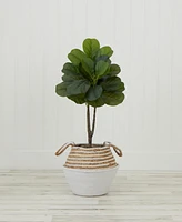 Artificial Fiddle 3' Leaf Fig Tree with Handmade Cotton Jute Woven Basket Diy Kit