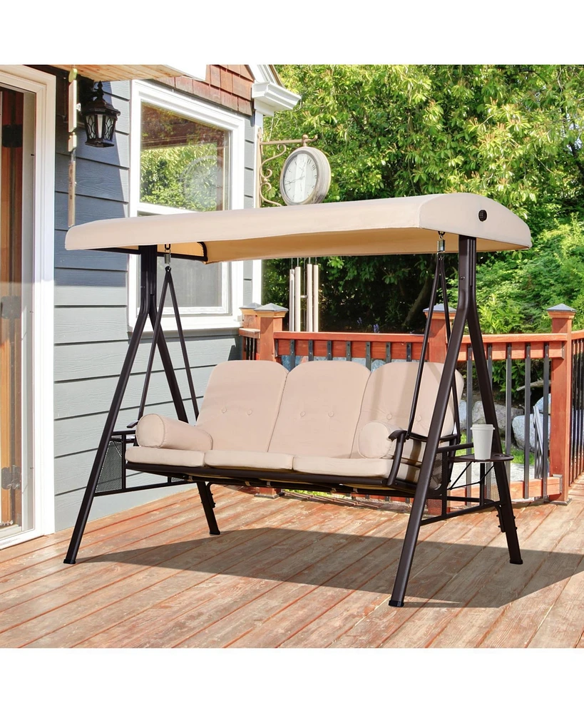 Outsunny Outdoor Patio 3-Person Steel Canopy Cushioned Seat Bench Swing with Included Side Trays & Padded Comfort