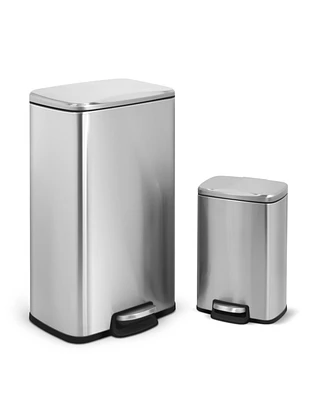 8 Gal./30 Liter and 1.3 Gal./5 Liter Rectangular Stainless Steel Step-on Trash Can Set for Kitchen and Bathroom
