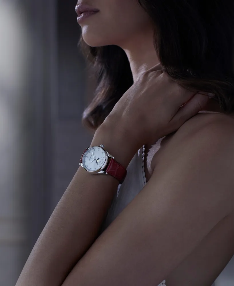 Longines Women's Swiss Automatic Master Diamond (1/20 ct. t.w.) Red Leather Strap Watch 34mm