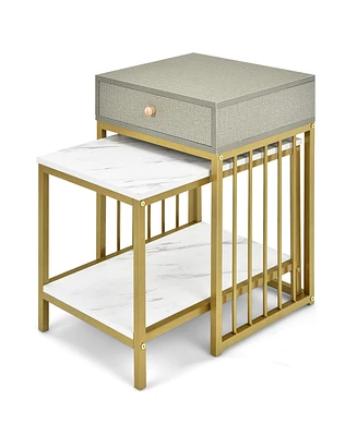 Set of 2 Nesting Coffee Table Drawer Shelf Modern Sofa Side Table Steel Frame