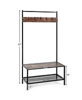 3 in 1 Industrial Coat Rack Shoe Bench Hall Tree Entryway Storage Shelf w/ Hooks