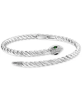 Effy Diamond (1/4 ct. t.w.) & Tsavorite (1/20 ct. t.w.) Snake Bypass Bangle Bracelet in Sterling Silver