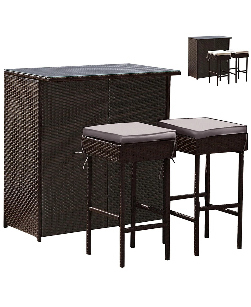 Patio 3PCS Rattan Bar Table Stool Set Cushioned Chairs