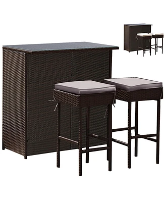 Patio 3PCS Rattan Bar Table Stool Set Cushioned Chairs