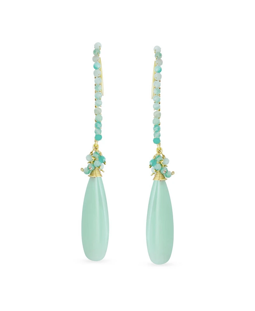 Bling Jewelry Boho Wire Wrap Cluster Bead Accent Elongated Fish Hook Soft Mint Light Green Natural Amazonite Long Teardrop Chandelier Dangle Earrings