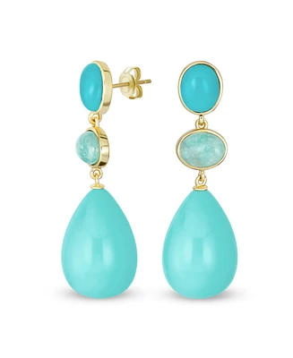 Unique Geometric dangling Teardrop Ball Teardrop Multi Shape Oval & 3 Multi-Tier Natural Gemstone Party Dangling Earrings for Women in 14K Yellow Gold