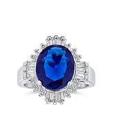 Bling Jewelry Art Deco Style Royal Blue Oval Baguette Halo 6CT Cz Solitaire Statement Promise Ring Silver Plated