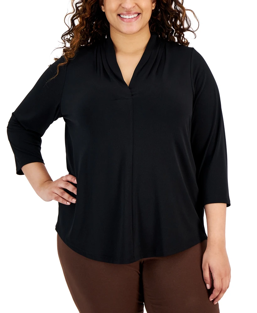 Jm Collection Plus Solid V-Neck 3/4-Sleeve Top, Exclusively at Macy's