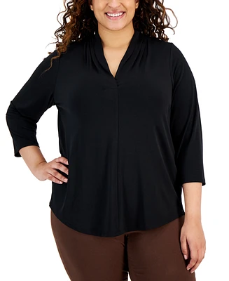 Jm Collection Plus Solid V-Neck 3/4-Sleeve Top, Exclusively at Macy's