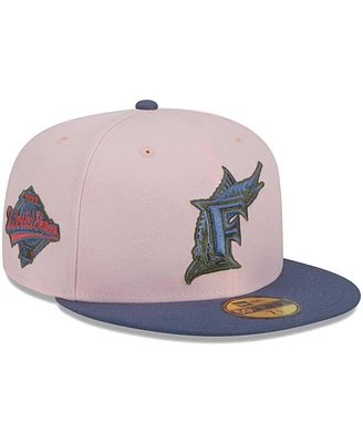 Men's New Era Pink, Blue Florida Marlins Cooperstown Collection Olive Undervisor 59FIFTY Fitted Hat