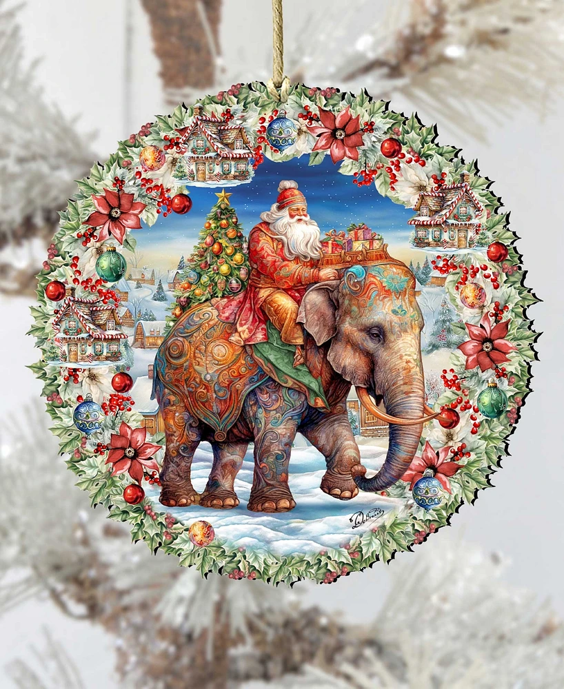 Designocracy Santa on Elephant Wreath Christmas Wooden Ornaments Holiday Decor G. DeBrekht
