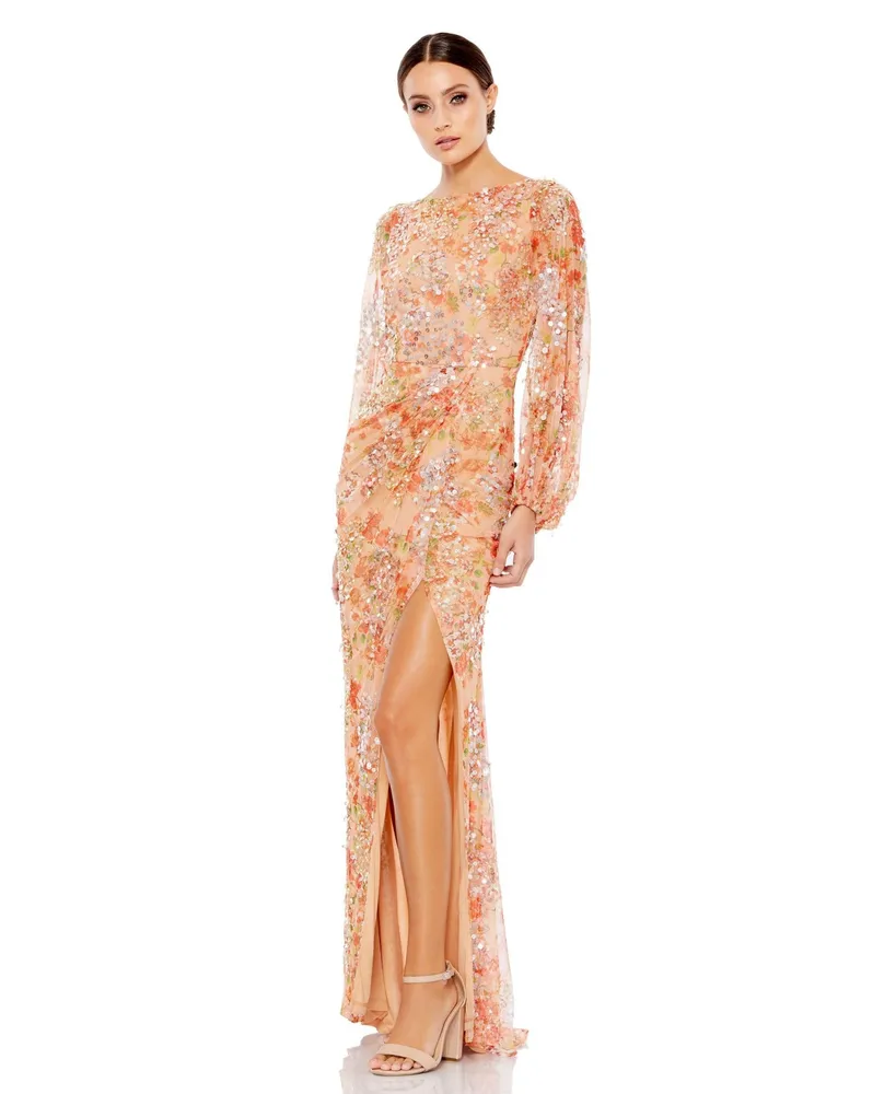 Mac Duggal Women's Floral Print Sequined Puff Sleeve Gown