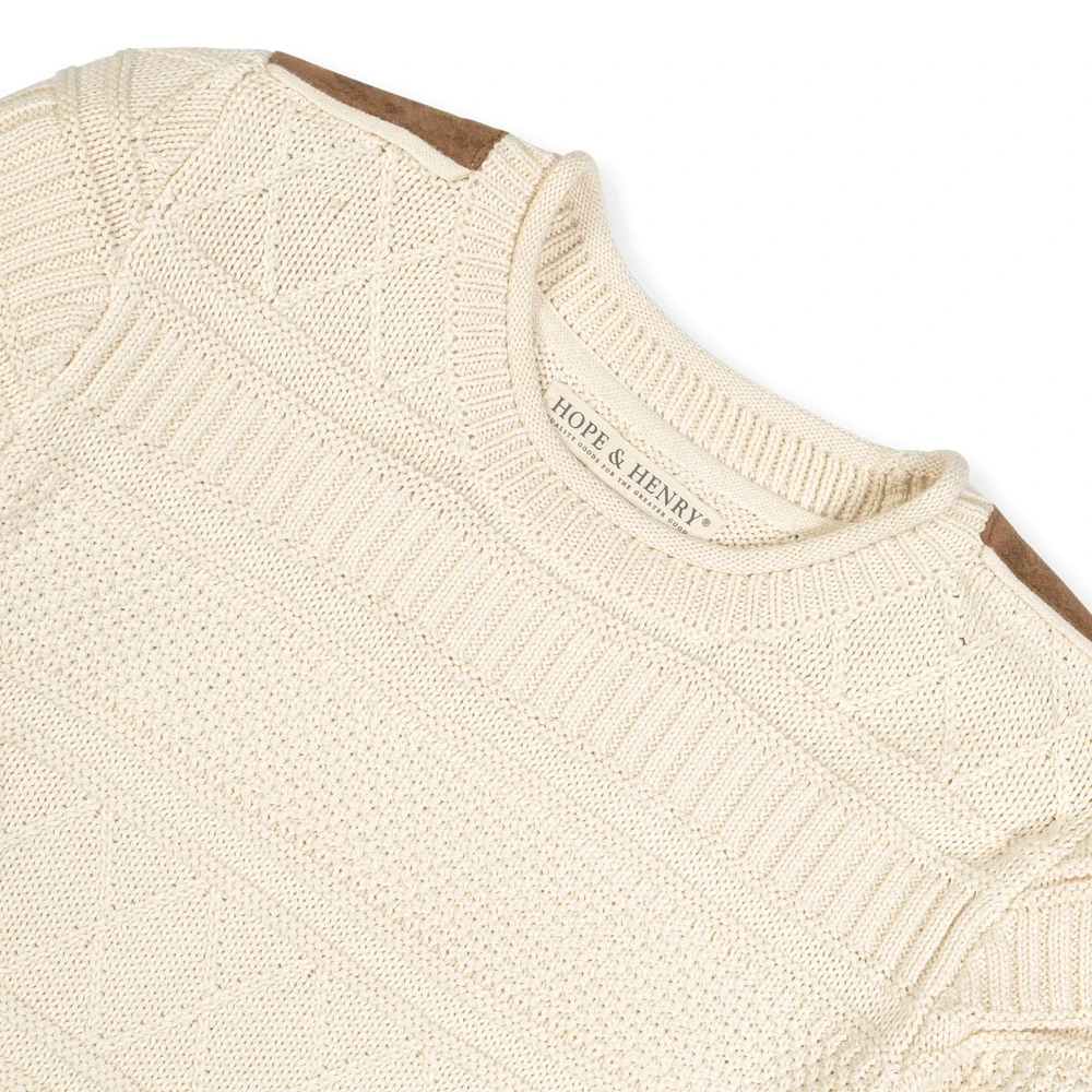 Hope & Henry Baby Boys Organic Crew Neck Cable Sweater with Suede Detail