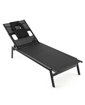 2 Pcs Patio Tanning Lounge Chair 5-Position Outdoor Recliner with Face Hole